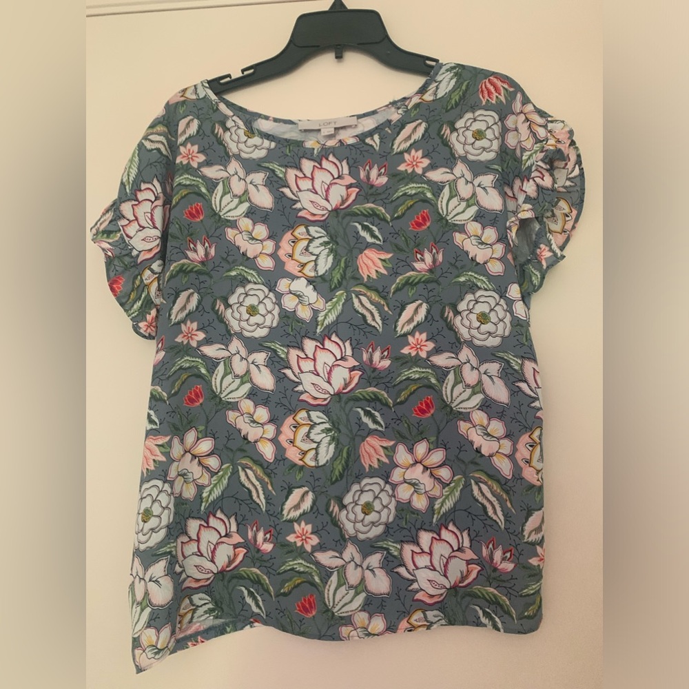LOFT Flower Print Flutter Sleeve Top, SZ S